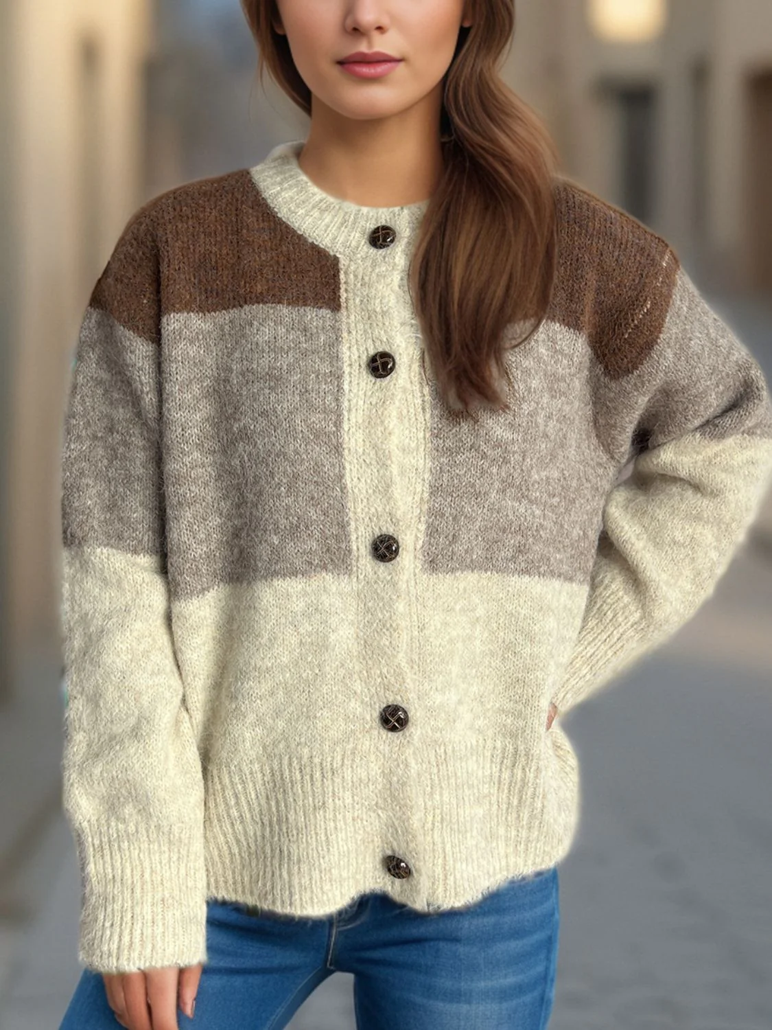Jacqueline | Color block crew neck cardigan with buttons - Image 18