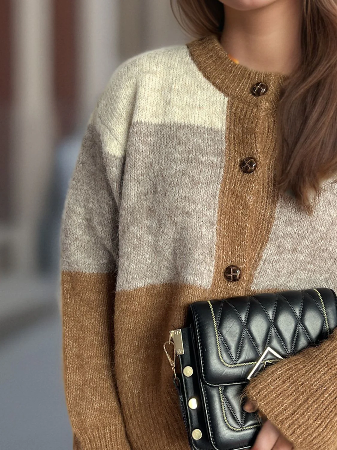 Jacqueline | Color block crew neck cardigan with buttons - Image 8