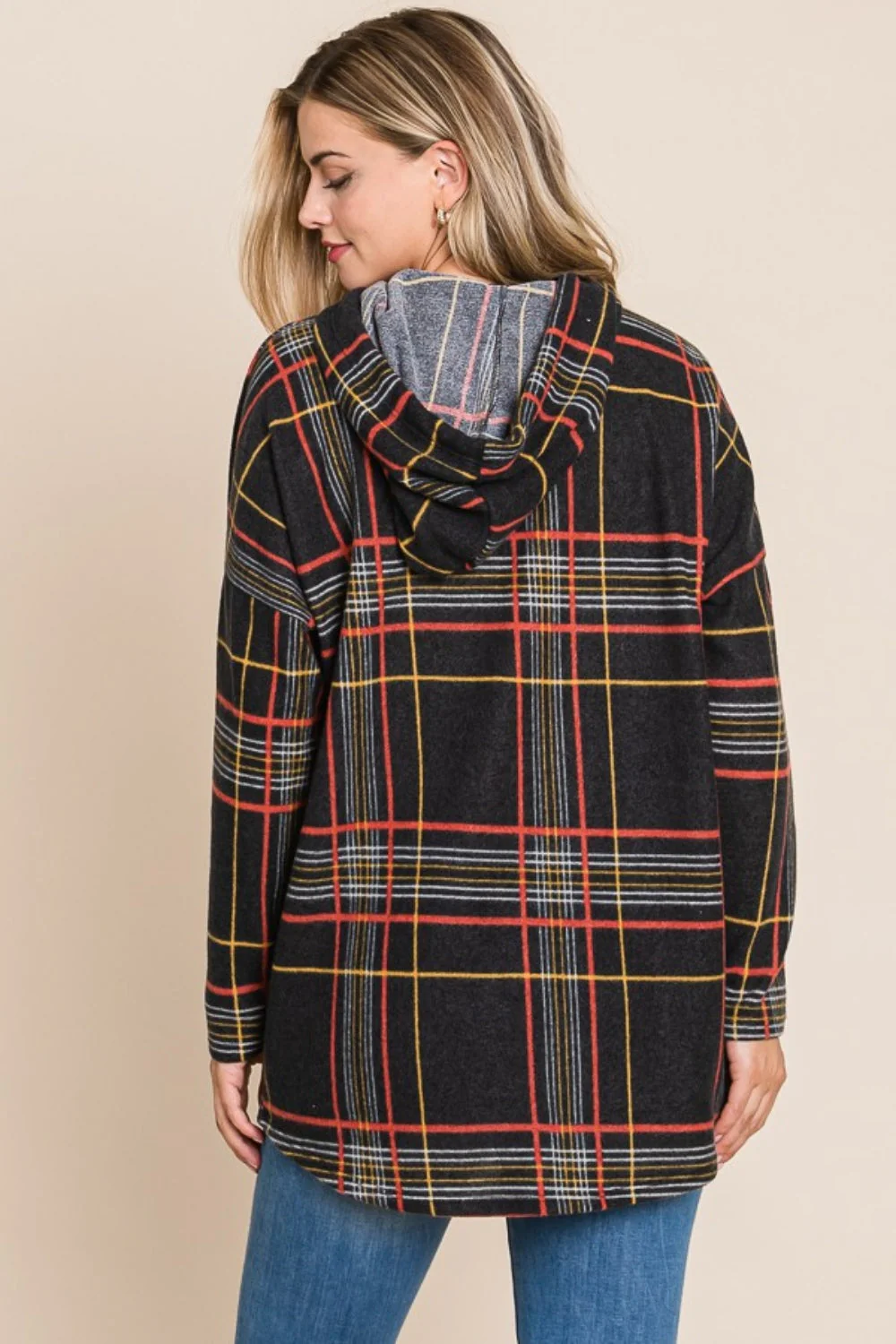 Jacqueline | Drawstring hoodie with check pattern and long sleeves - Image 2