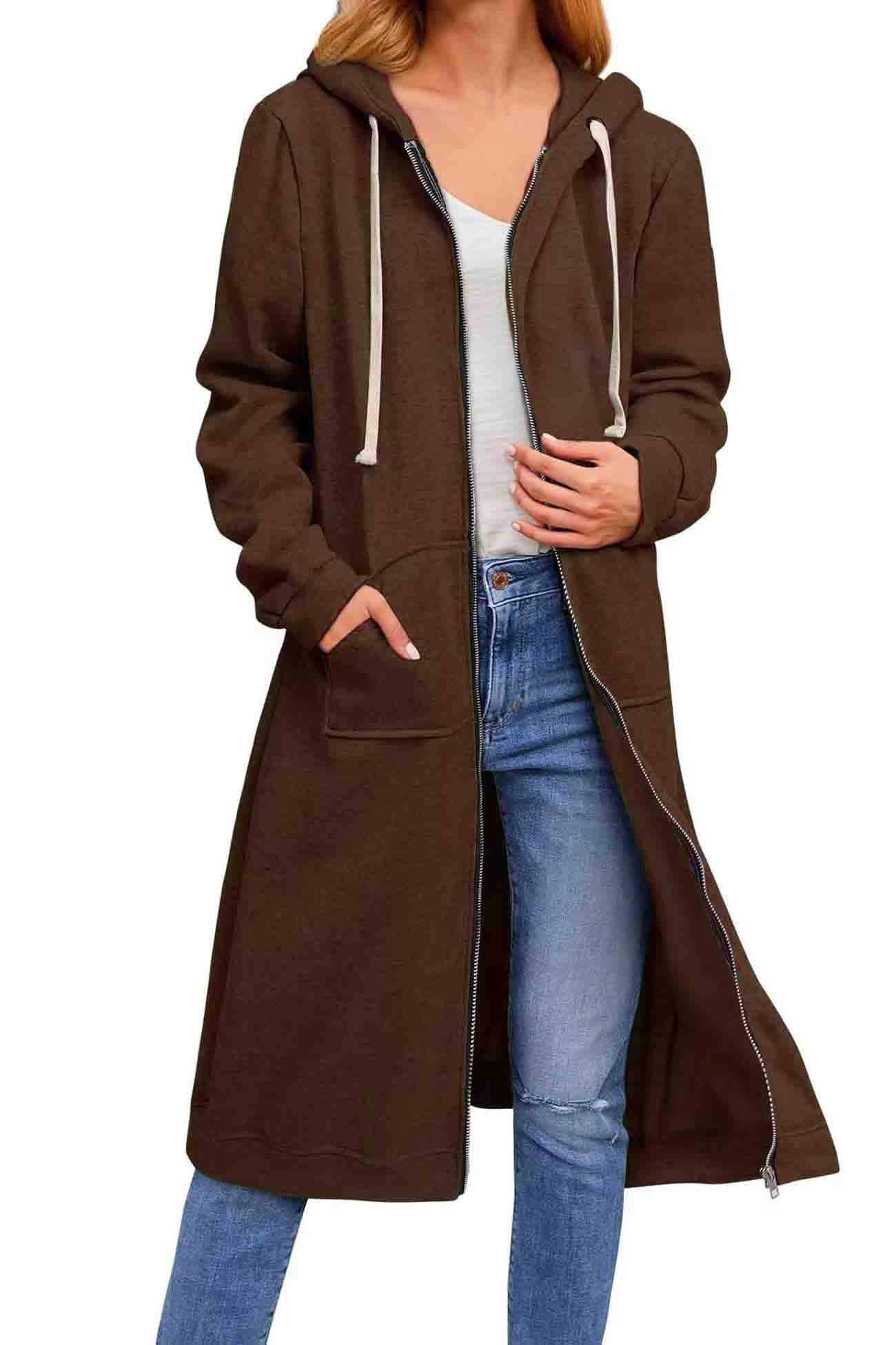 Jacqueline | Solid long cardigan with hood and drawstring and zip fastening - Image 12