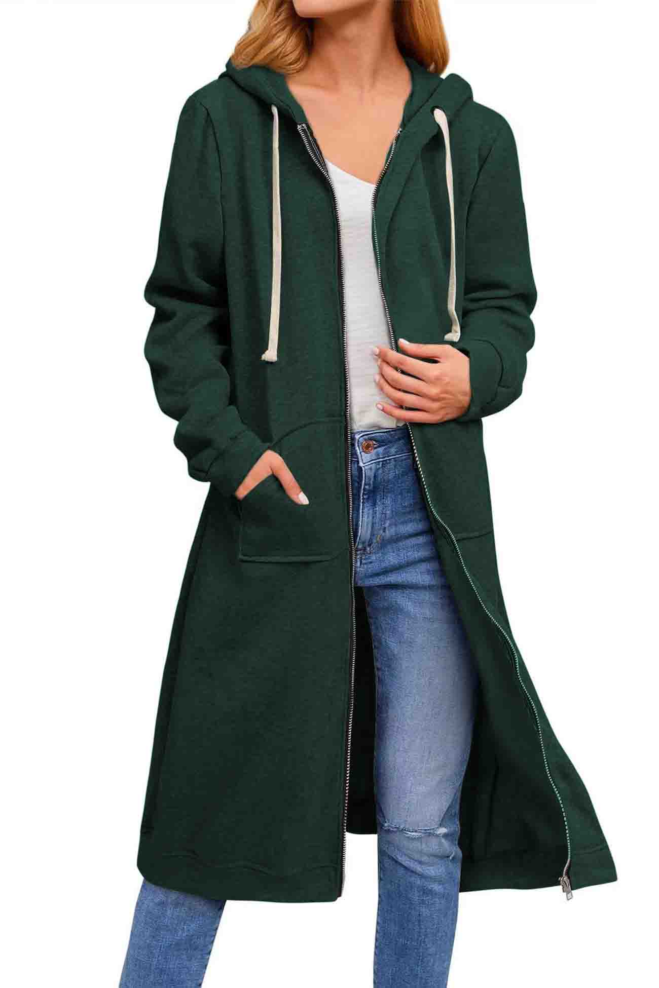 Jacqueline | Solid long cardigan with hood and drawstring and zip fastening - Image 14