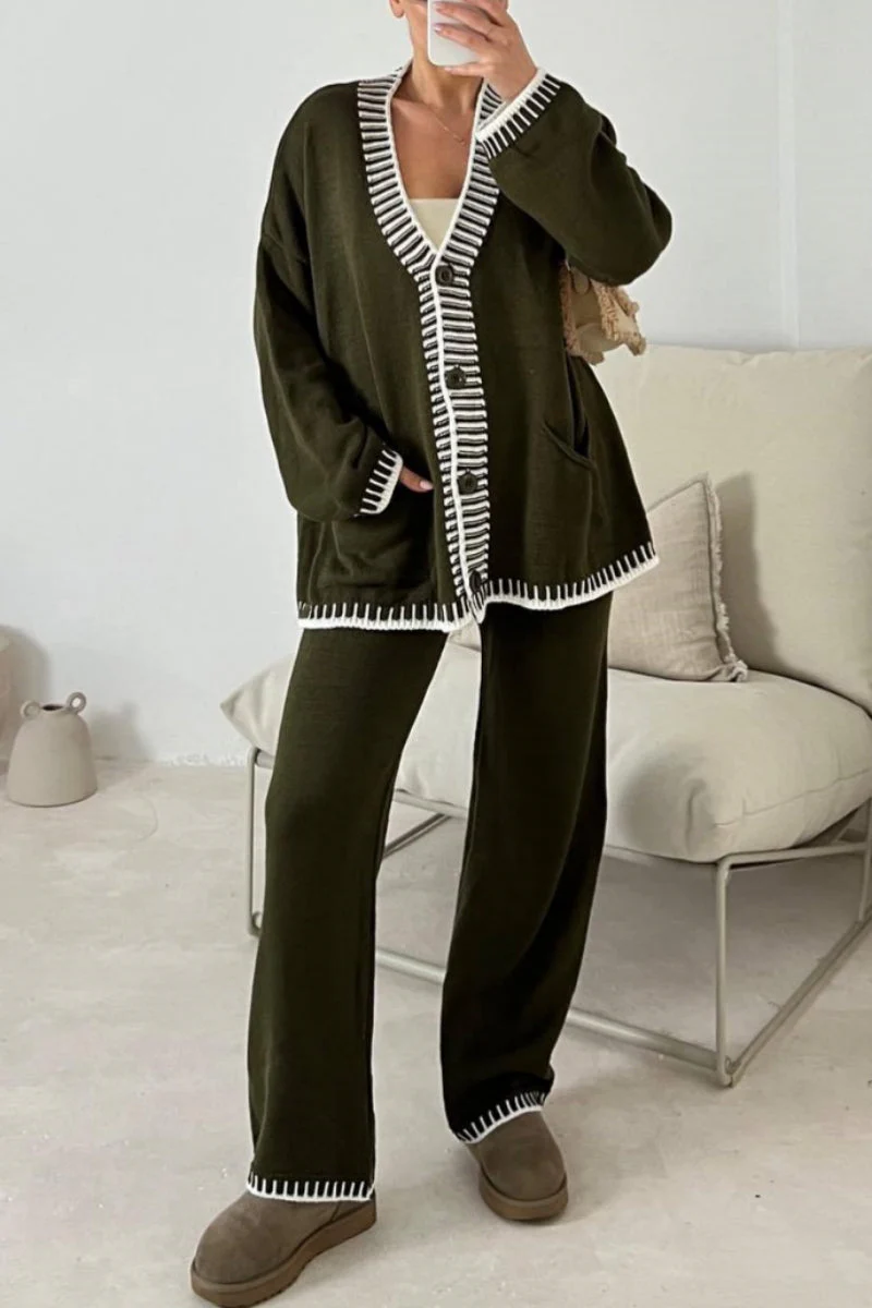 Jade | Casual Patchwork Button Up V Neck Long Sleeve Two Piece Set - Image 3
