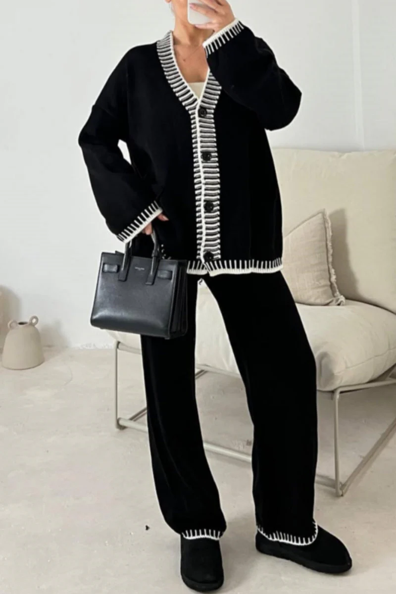 Jade | Casual Patchwork Button Up V Neck Long Sleeve Two Piece Set - Image 4
