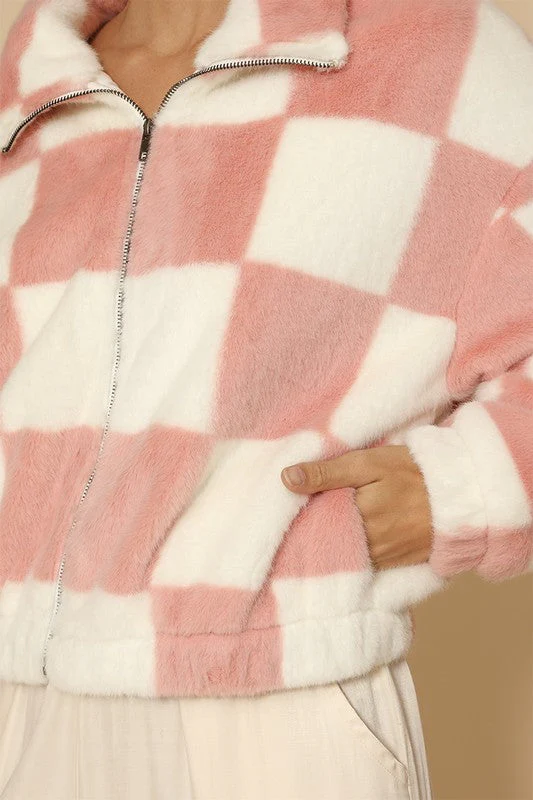 Jana | Fluffy checked jacket with front zip - Image 3