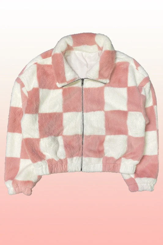 Jana | Fluffy checked jacket with front zip - Image 5