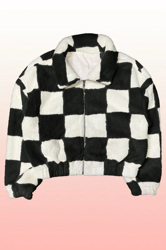 Jana | Fluffy checked jacket with front zip - Image 7
