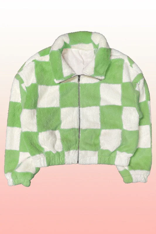 Jana | Fluffy checked jacket with front zip - Image 8