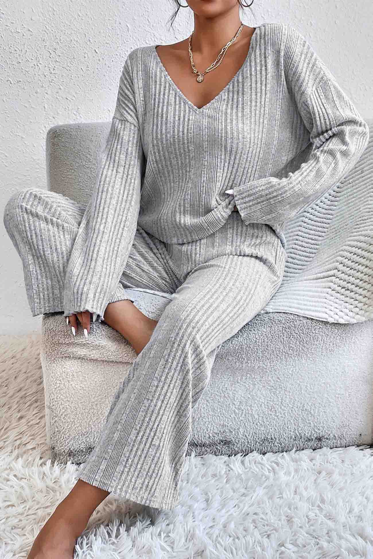 Jana | Ribbed V-neck long sleeve two piece set - Image 2