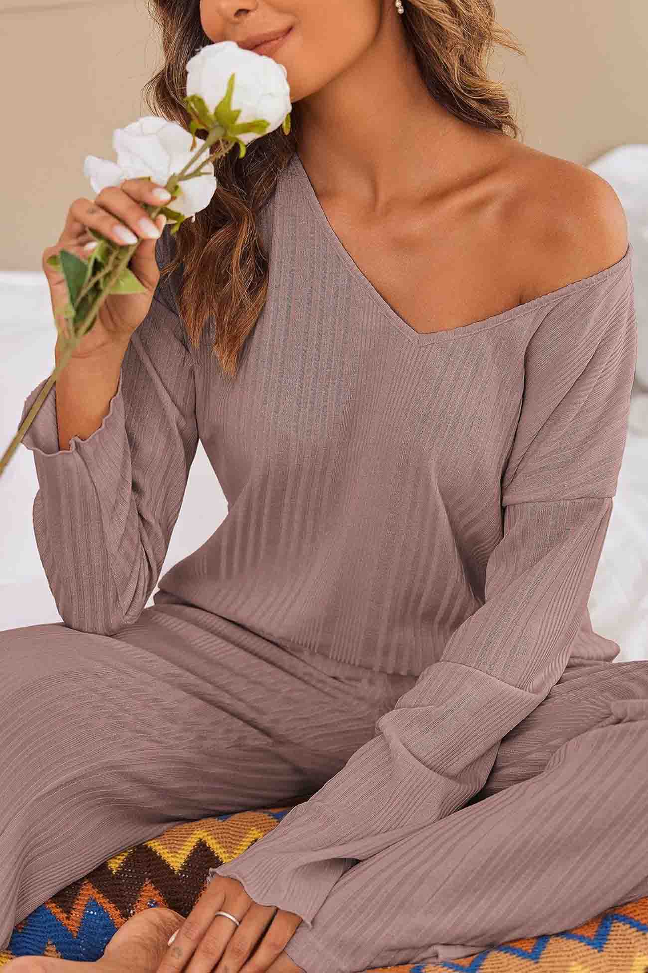 Jana | Ribbed V-neck long sleeve two piece set - Image 24