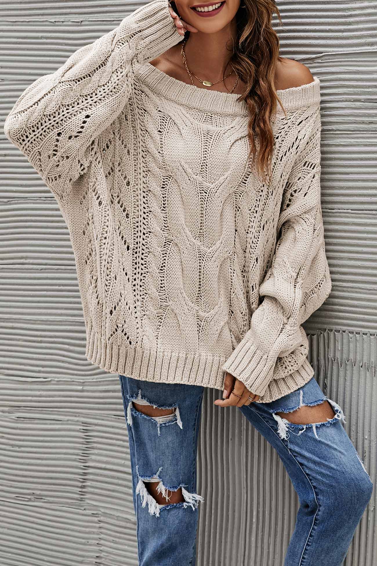 Janine | Knitted jumper with a dropped shoulder and a hollowed-out cable pattern - Image 12