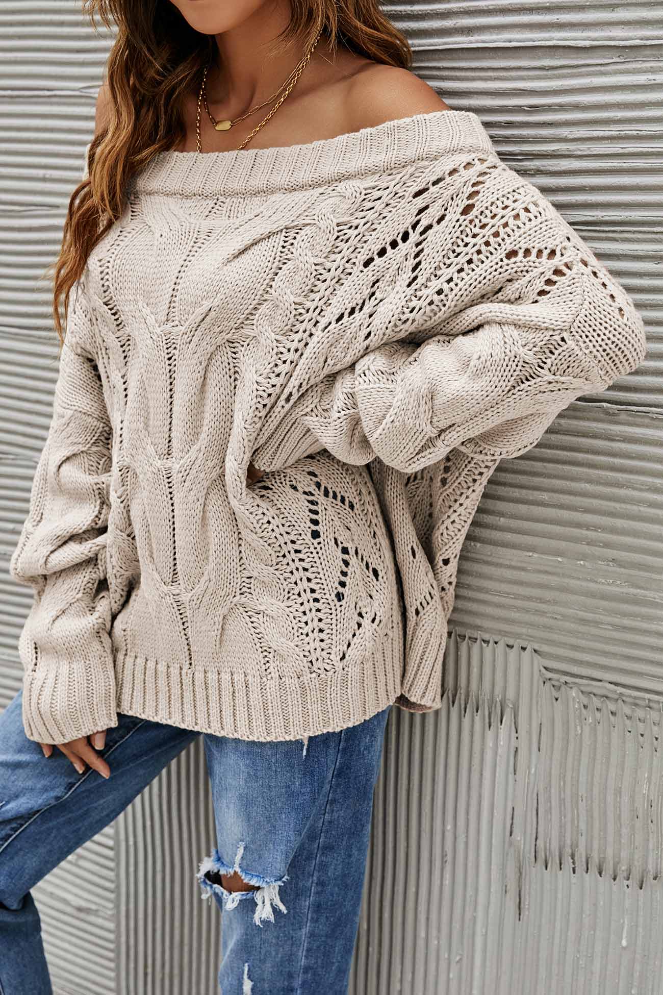 Janine | Knitted jumper with a dropped shoulder and a hollowed-out cable pattern - Image 6