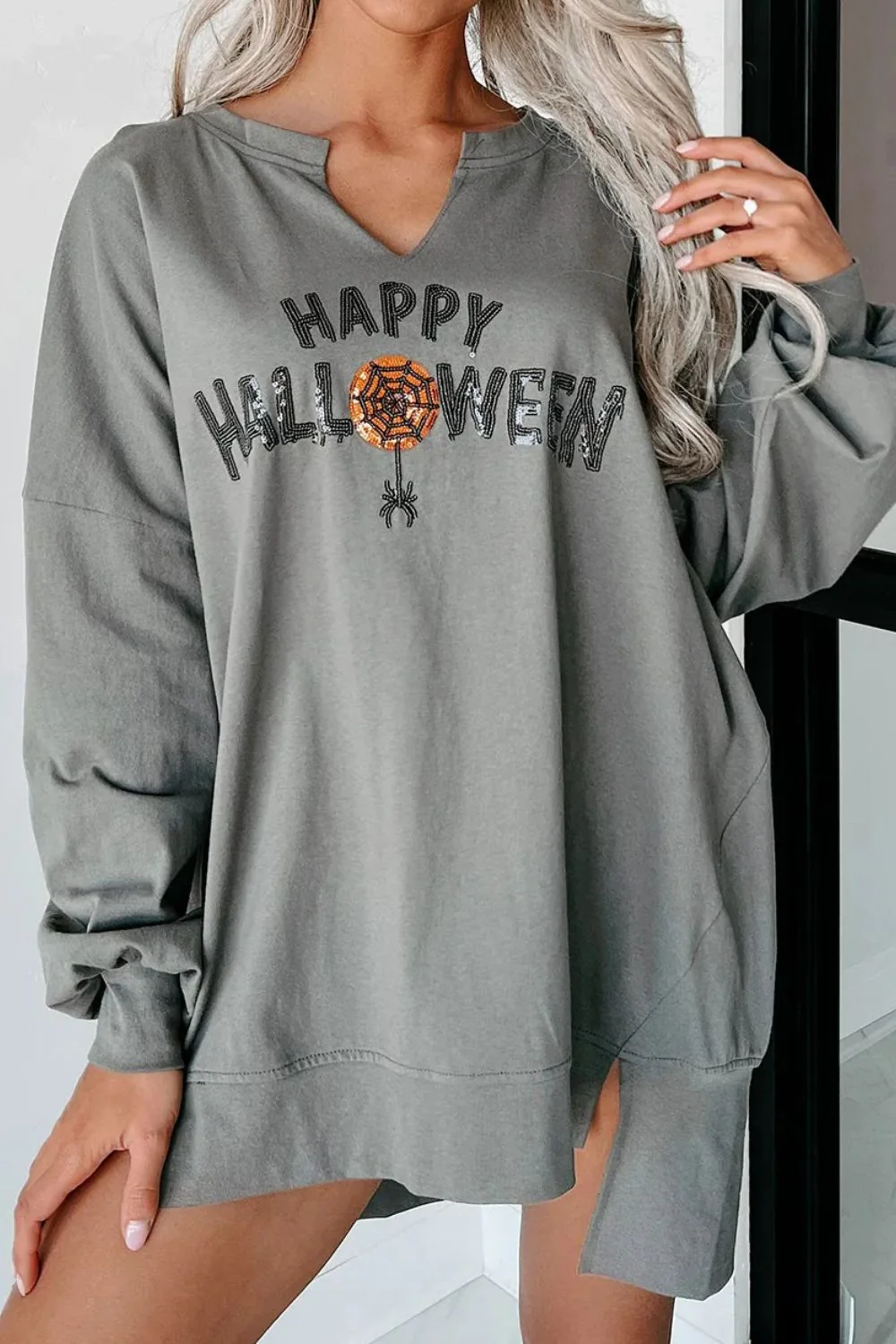 Janine | Long sleeve sweatshirt with notched sequin letter graphic - Image 4