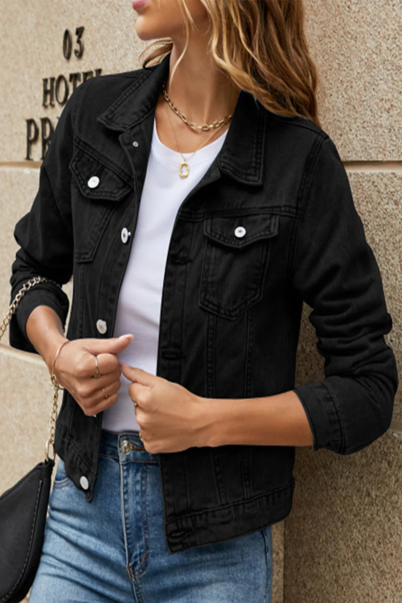 Jesica | Street-chic, solid color, long-sleeved denim jacket with turn-down collar and regular pocket - Image 2