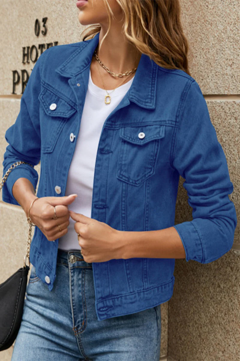 Jesica | Street-chic, solid color, long-sleeved denim jacket with turn-down collar and regular pocket - Image 6