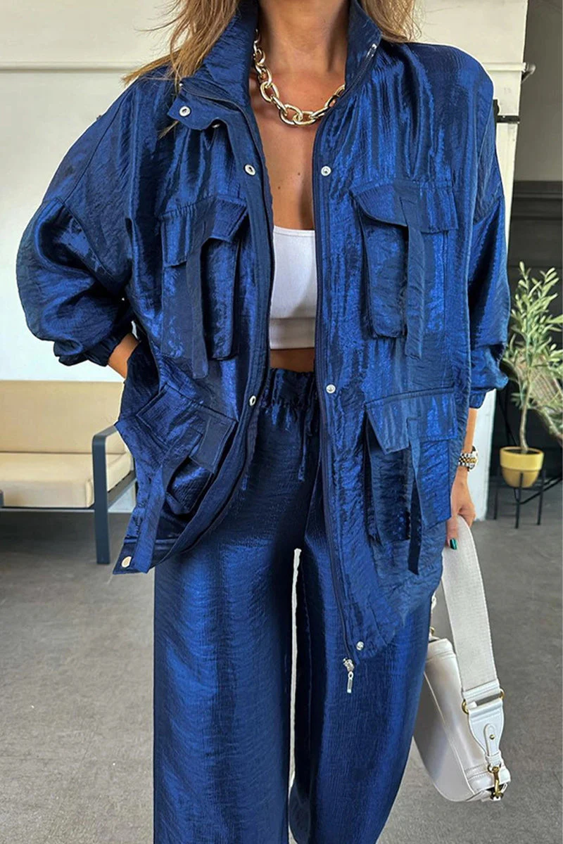 Jessa | Casual, long-sleeved two-piece suit with a gathered stand-up collar and pockets - Image 10