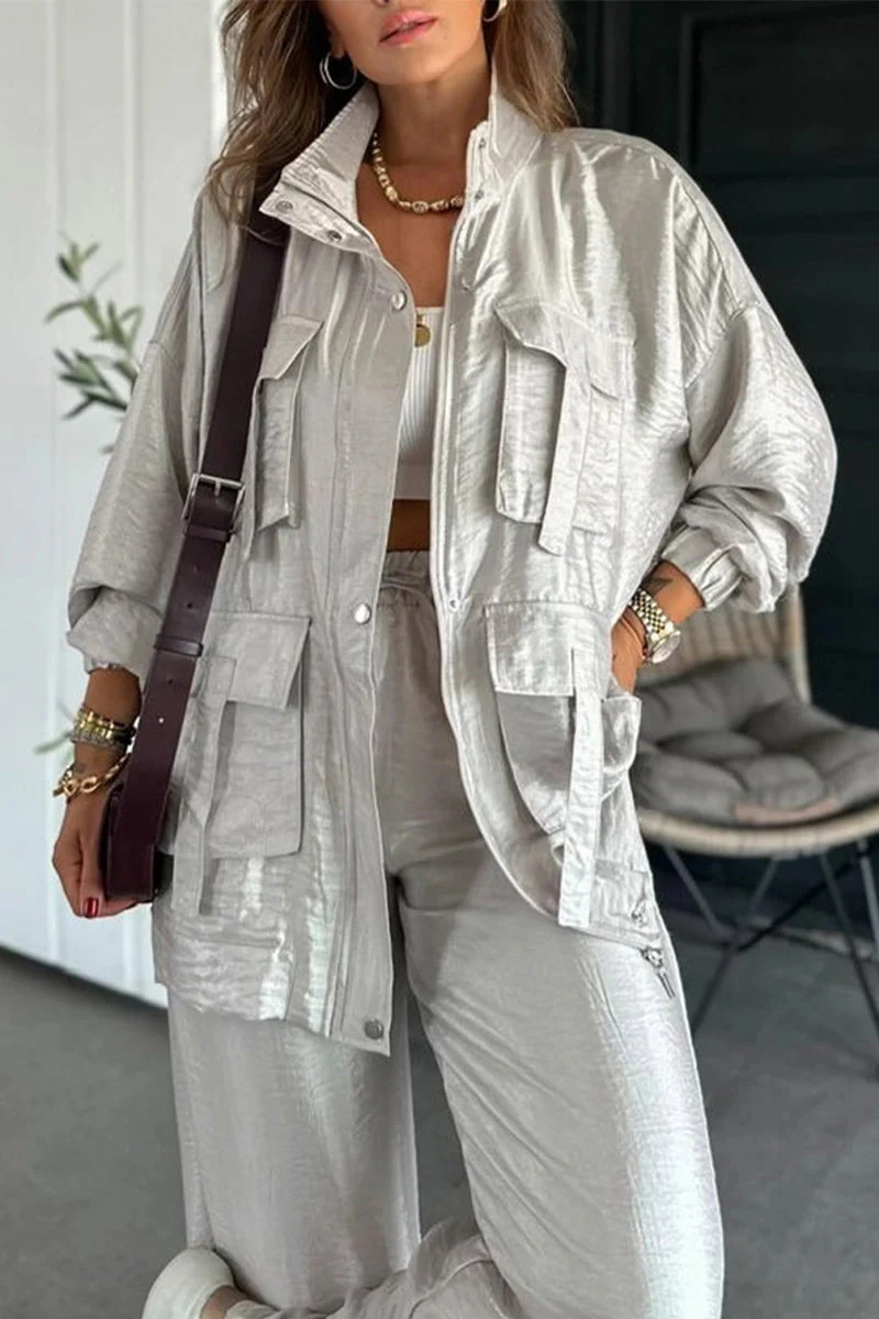 Jessa | Casual, long-sleeved two-piece suit with a gathered stand-up collar and pockets - Image 16