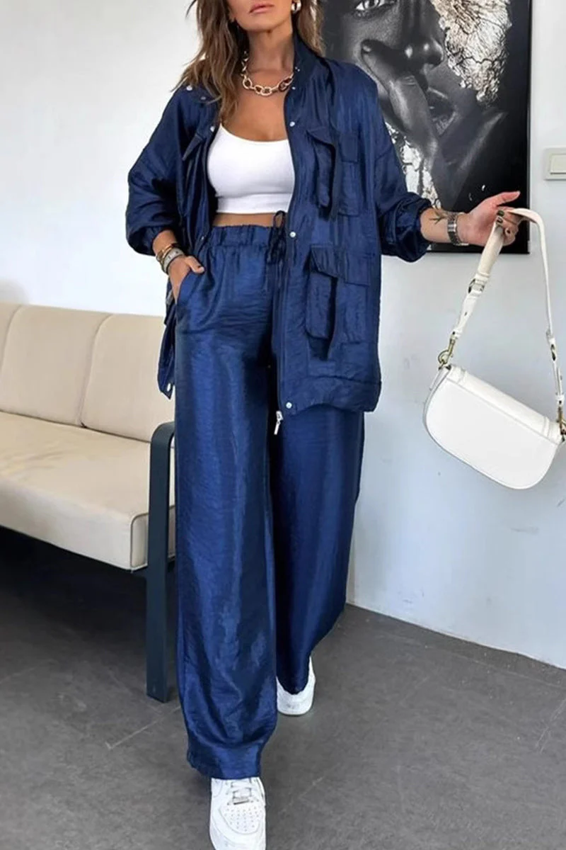 Jessa | Casual, long-sleeved two-piece suit with a gathered stand-up collar and pockets - Image 4