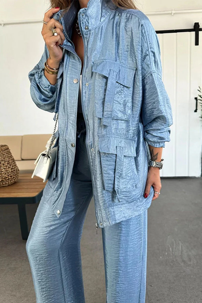 Jessa | Casual, long-sleeved two-piece suit with a gathered stand-up collar and pockets - Image 6