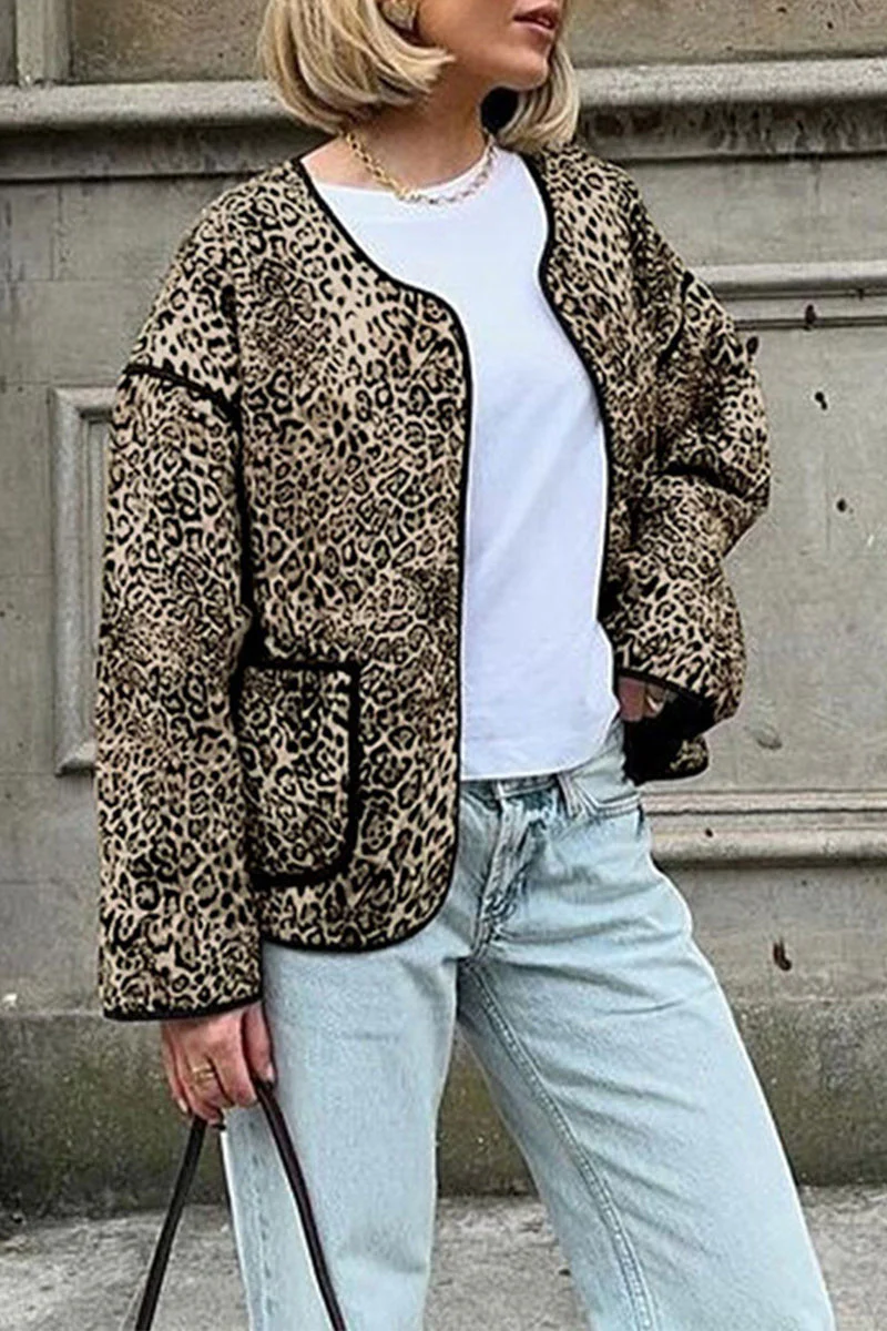 Joana | Casual street outerwear with leopard pocket patchwork and O-neck - Image 2