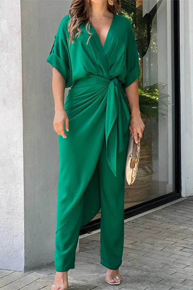 Johana | Casual solid color regular jumpsuits with frenulum and V-neck