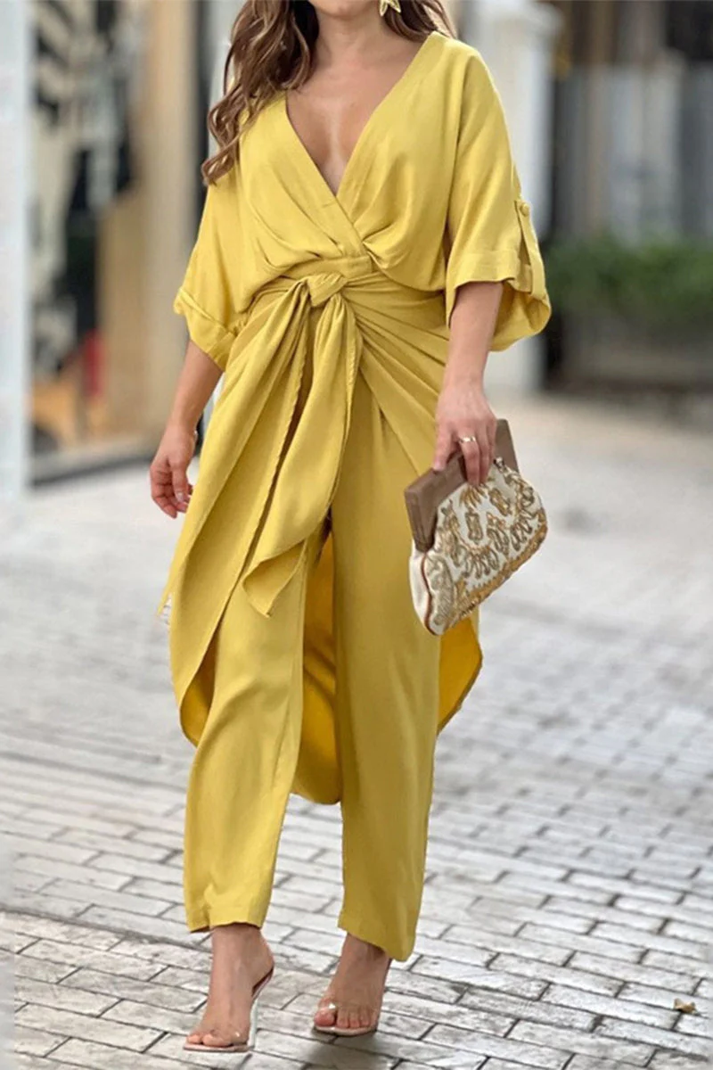 Johana | Casual solid color regular jumpsuits with frenulum and V-neck - Image 2