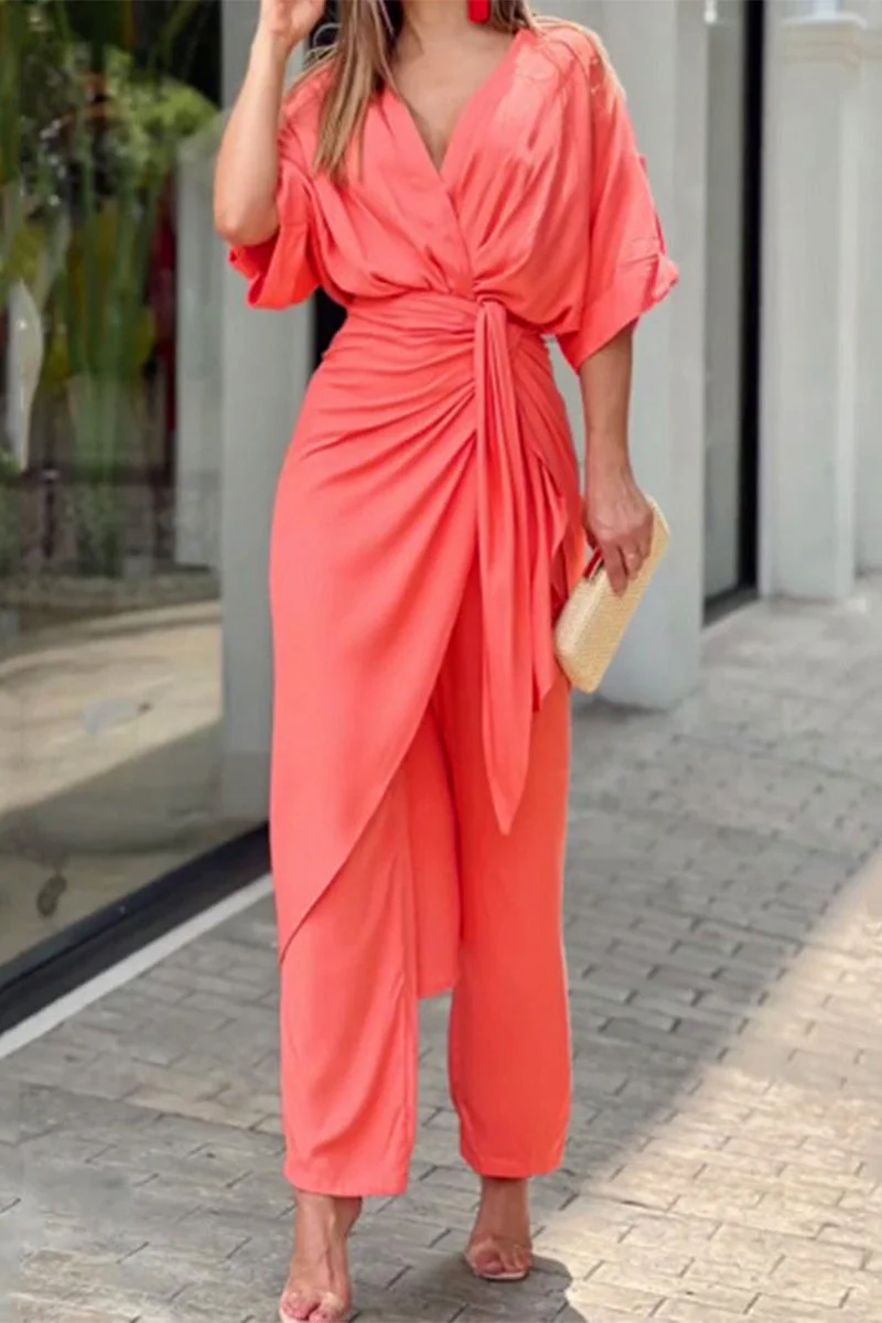 Johana | Casual solid color regular jumpsuits with frenulum and V-neck - Image 3