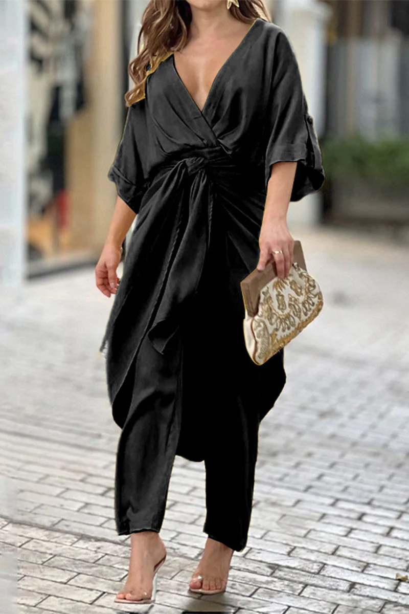 Johana | Casual solid color regular jumpsuits with frenulum and V-neck - Image 4