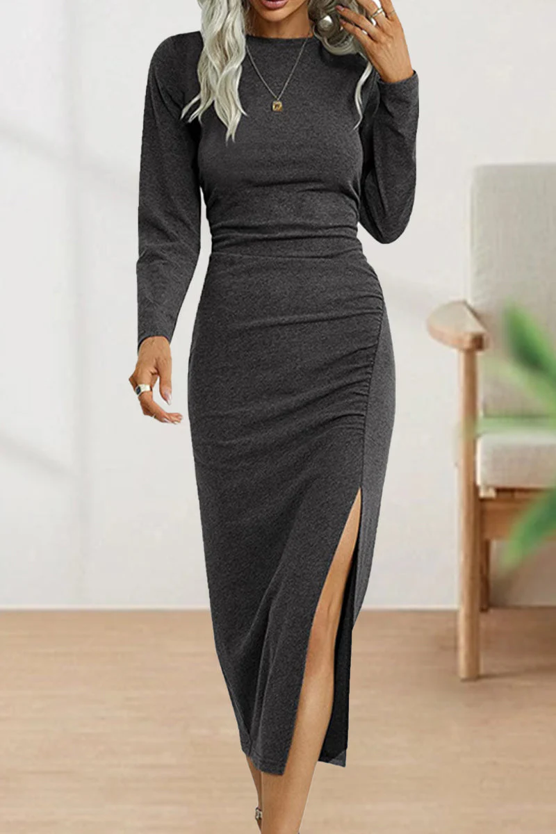 Josefina | Cute, elegant, plain O-neck shift dresses with pleats - Image 5