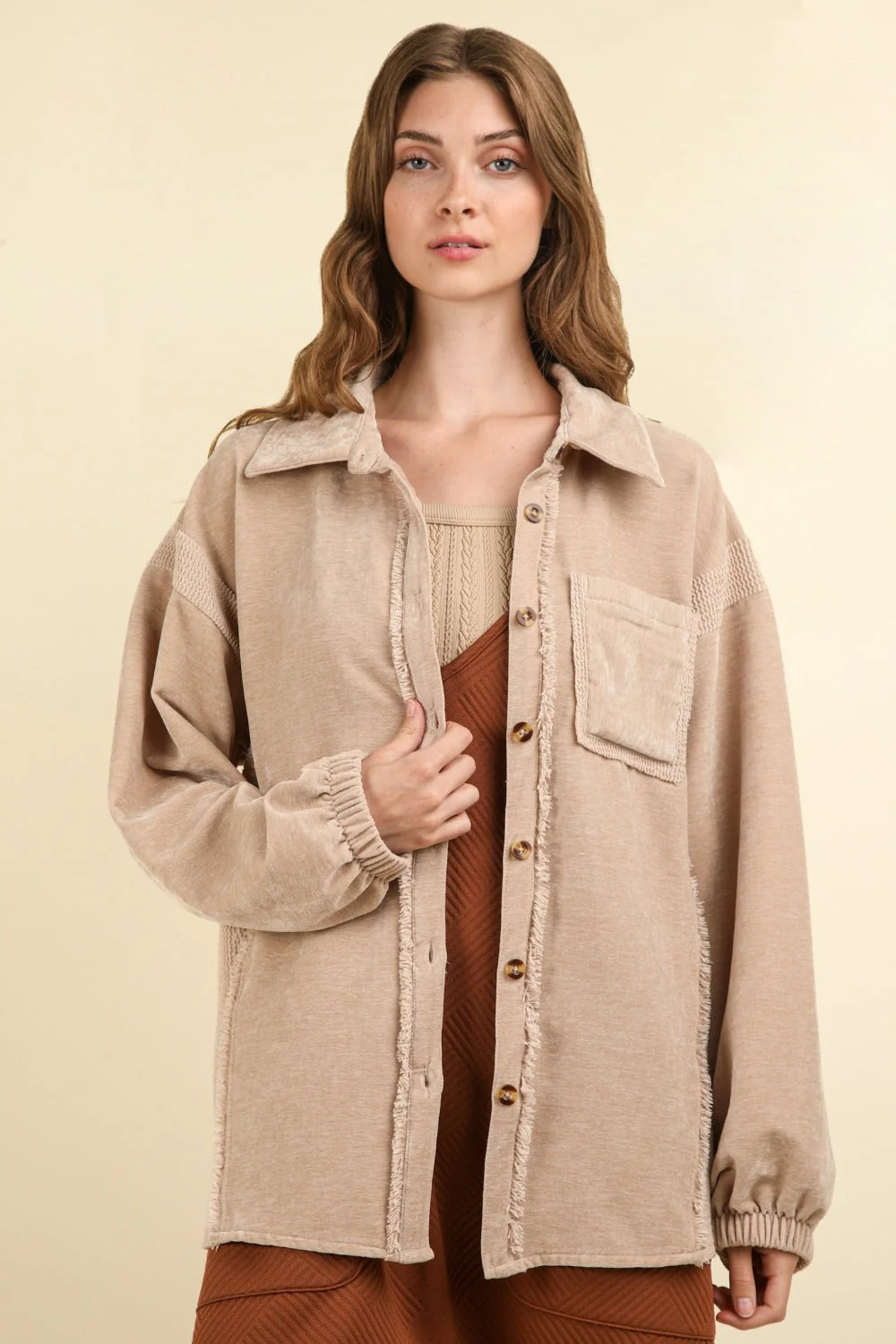 Josefina | Mixed media button-down jacket with raw hem