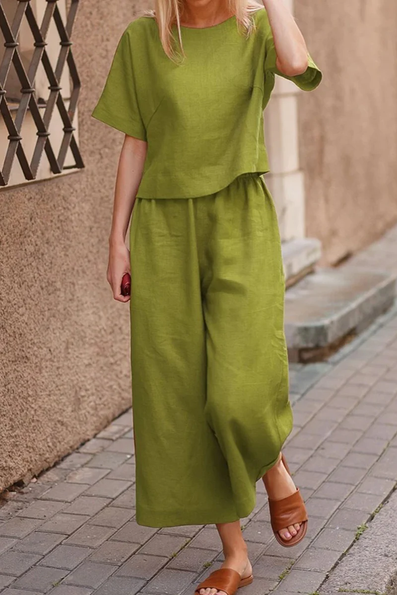 Juana | Casual, plain-colored basic two-piece suit with an O-neck and short sleeves - Image 2