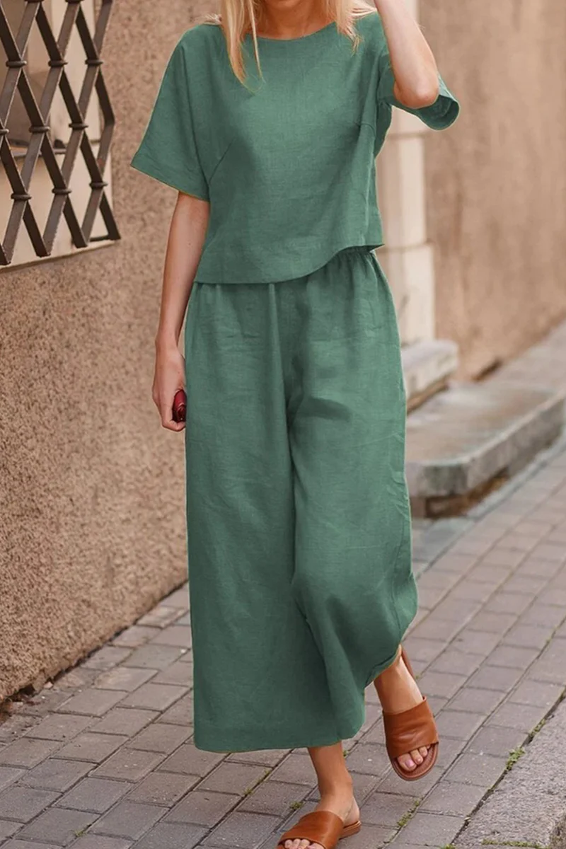 Juana | Casual, plain-colored basic two-piece suit with an O-neck and short sleeves - Image 3