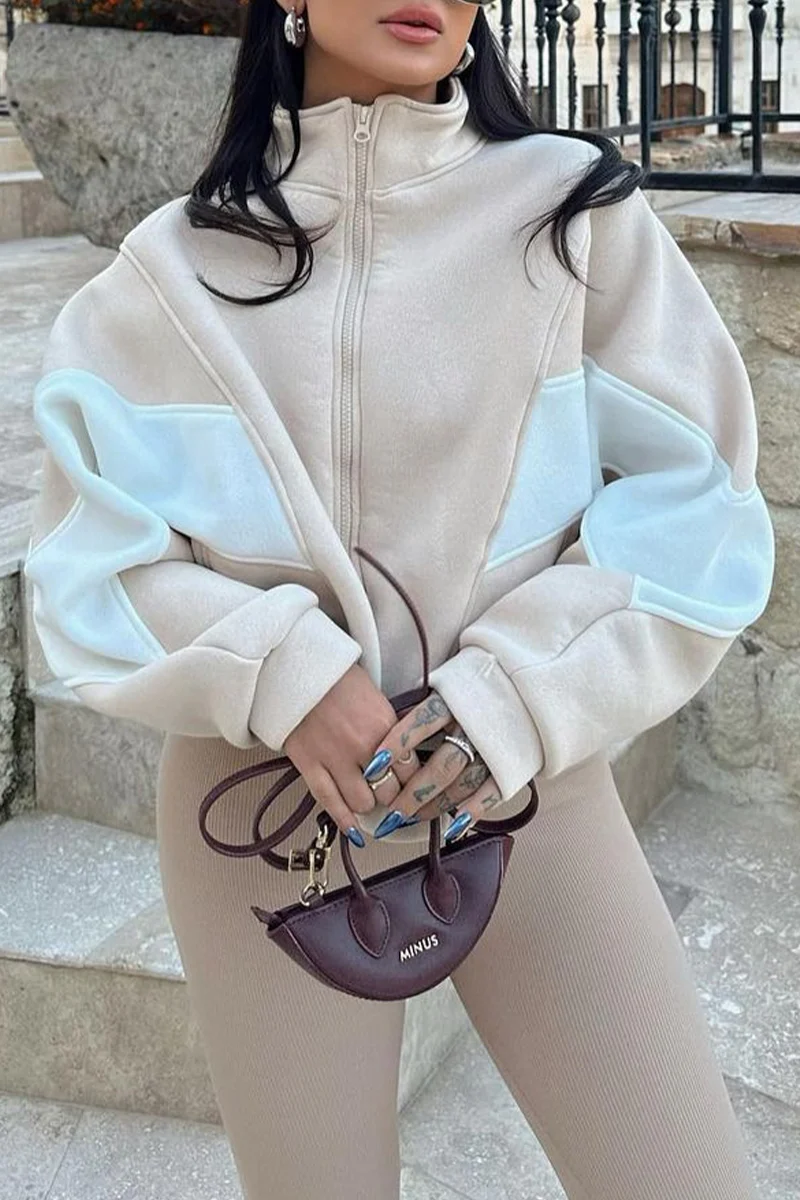 Juana | Casual street outerwear with color block patchwork zipper and contrast stand-up collar