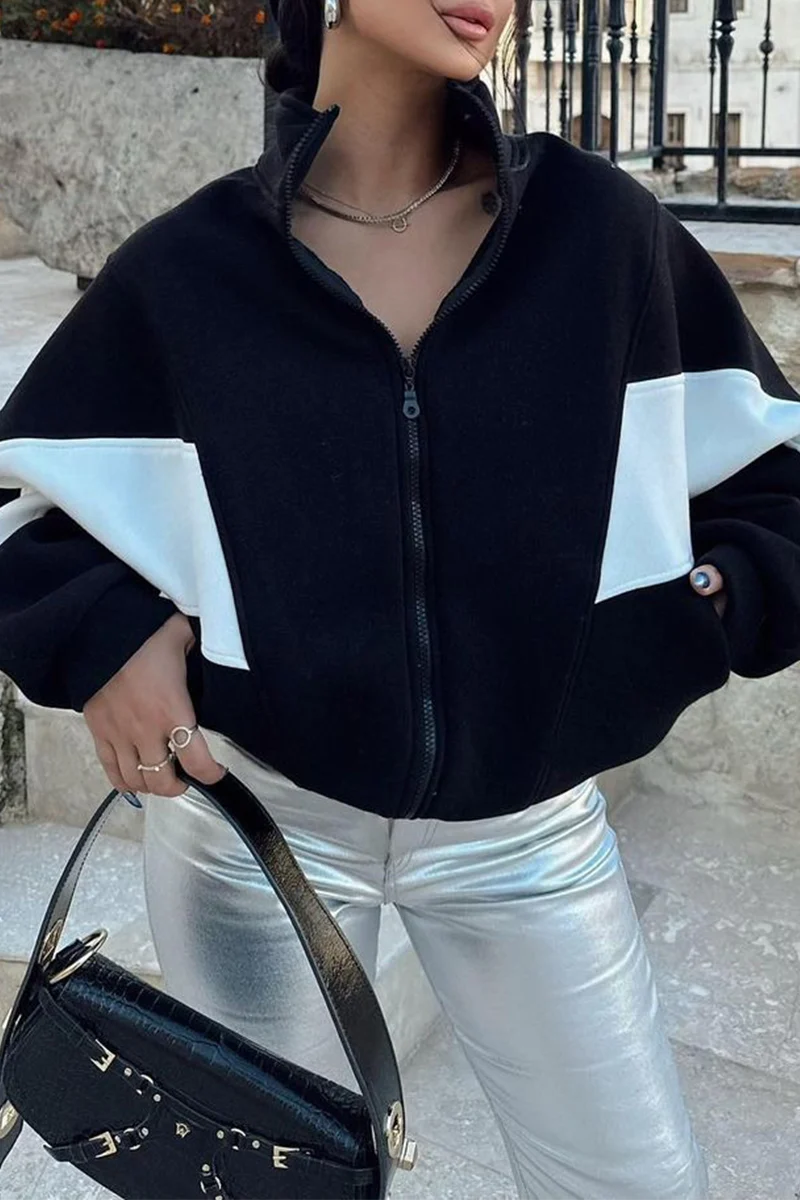 Juana | Casual street outerwear with color block patchwork zipper and contrast stand-up collar - Image 6