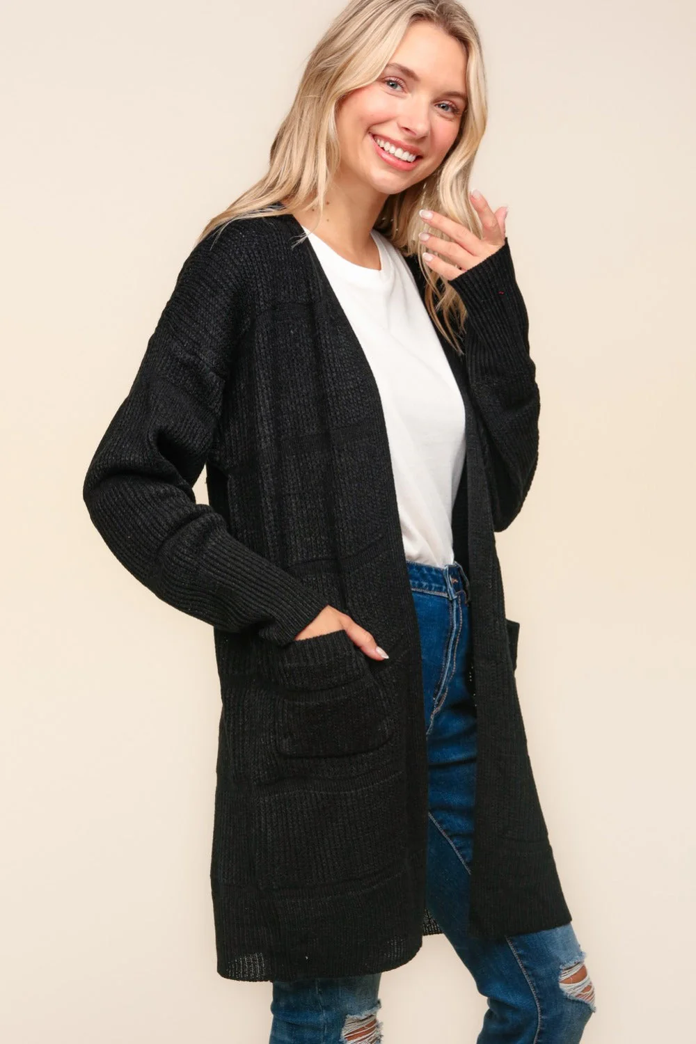 Judith | Structured, open front cardigan with tactile stripes and pockets - Image 2