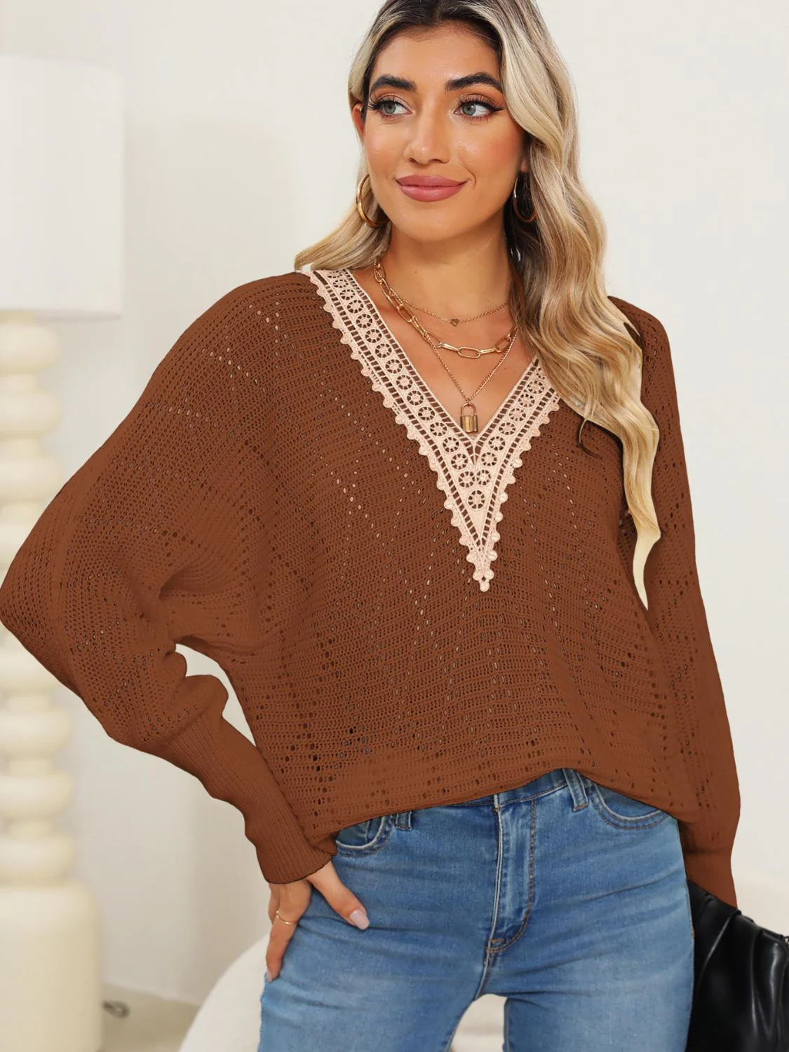 Juliana | Long sleeve sweater with V-neck and lace detail - Image 6