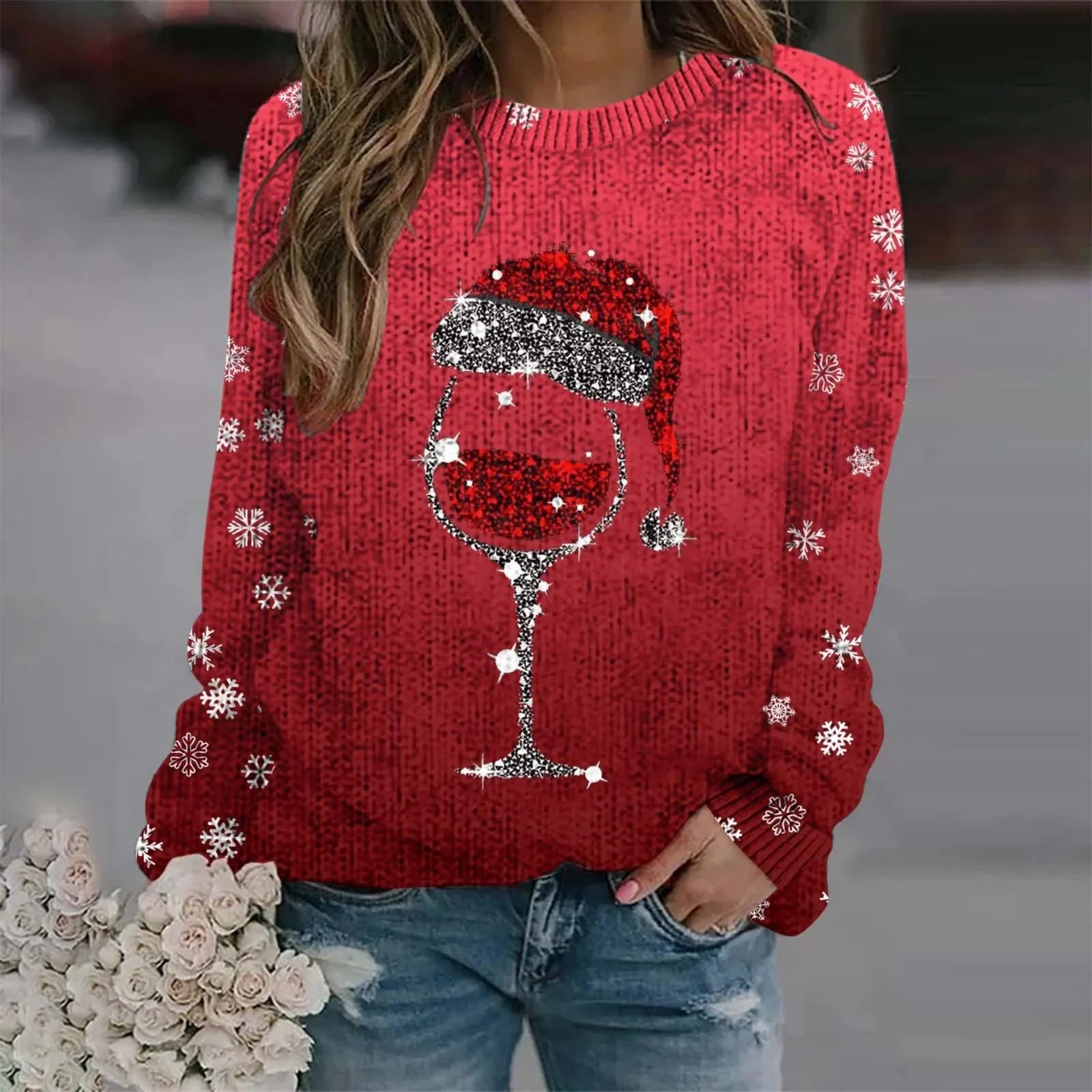 Juliana® | Warm sweater with Christmas wine glass and printed Santa hat for women