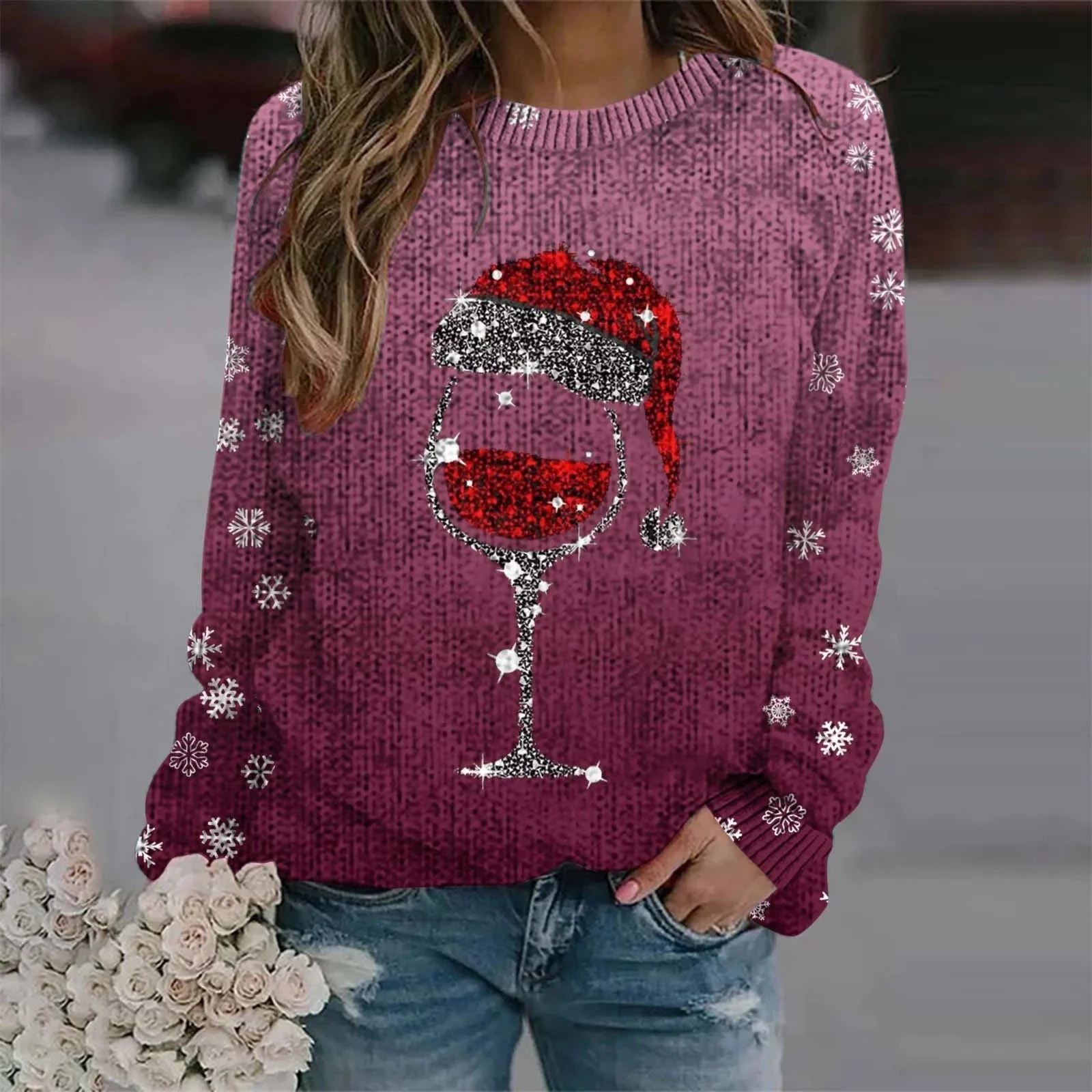 Juliana | Warm sweater with Christmas wine glass and printed Santa hat for women - Image 4