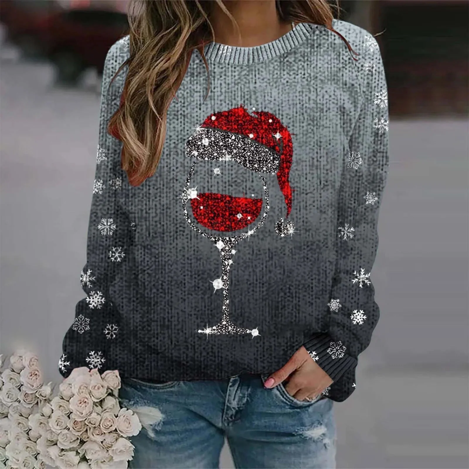Juliana | Warm sweater with Christmas wine glass and printed Santa hat for women - Image 7