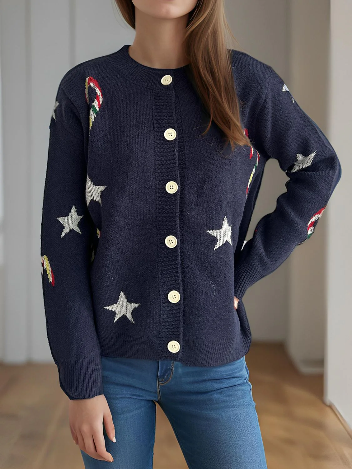 Justina | Candy Cane & Star button-front long-sleeved cardigan. - Image 3