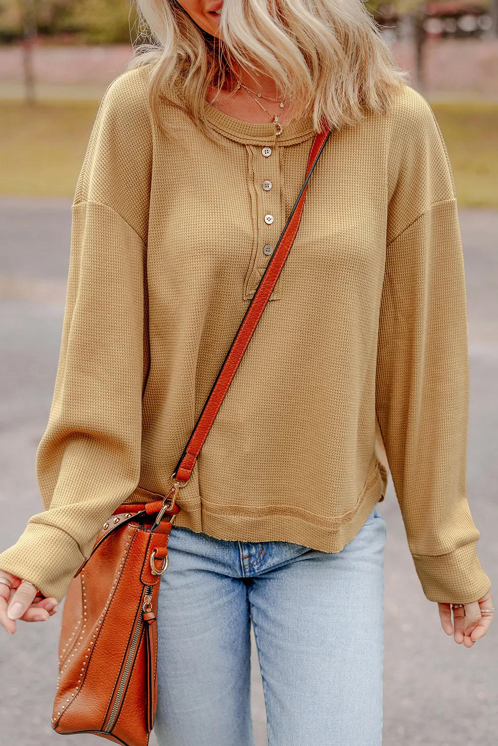 Jutta | Half button waffle knit crew neck top
