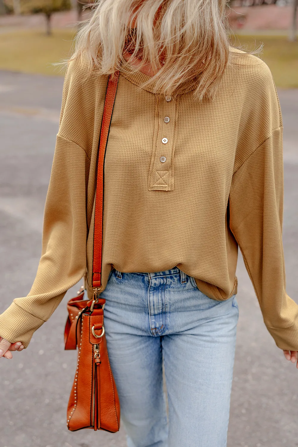 Jutta | Half button waffle knit crew neck top - Image 3
