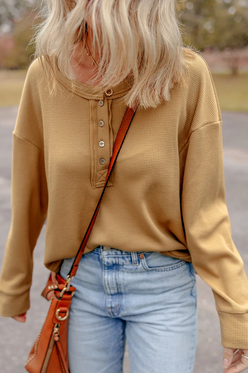 Jutta | Half button waffle knit crew neck top - Image 4