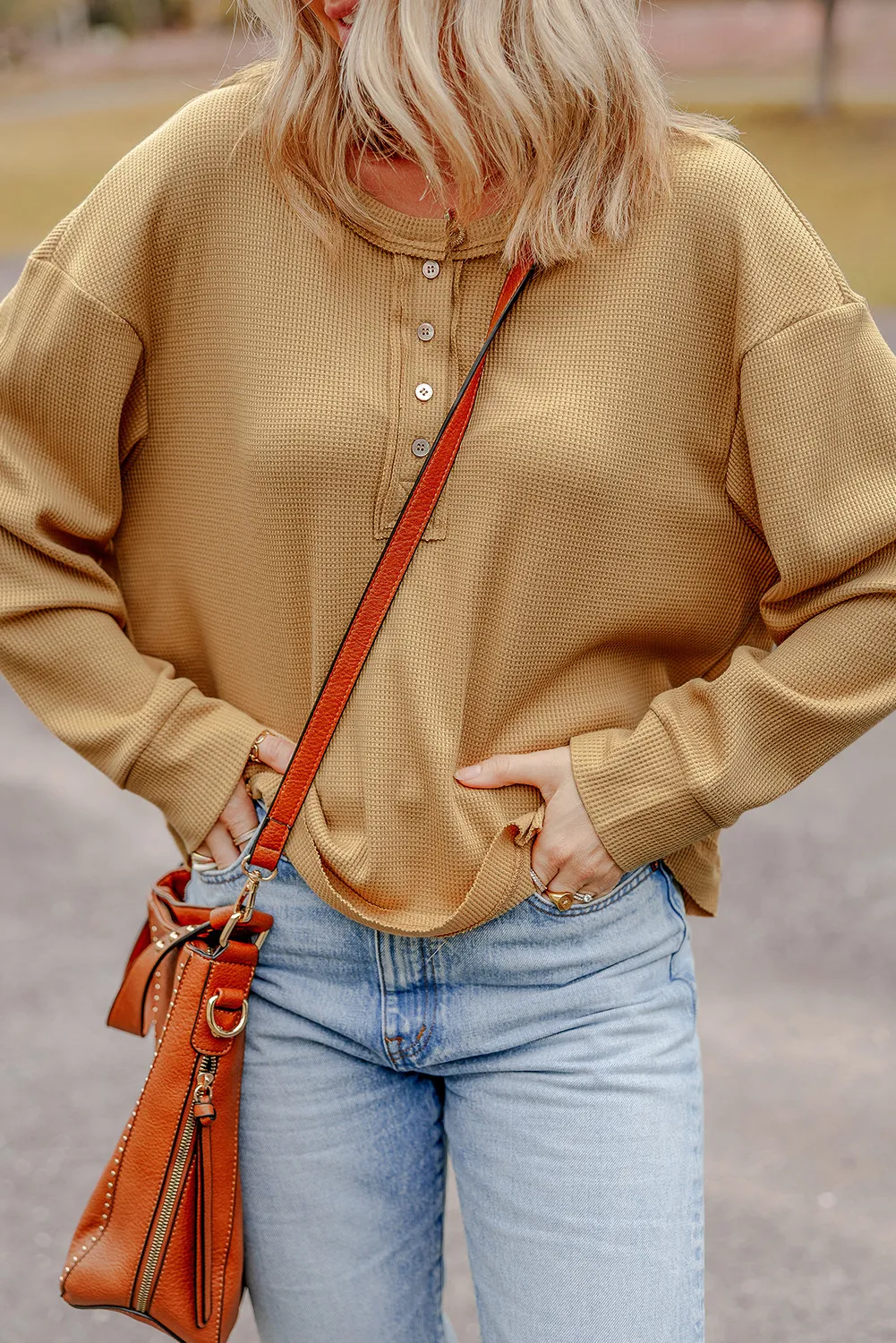 Jutta | Half button waffle knit crew neck top - Image 5