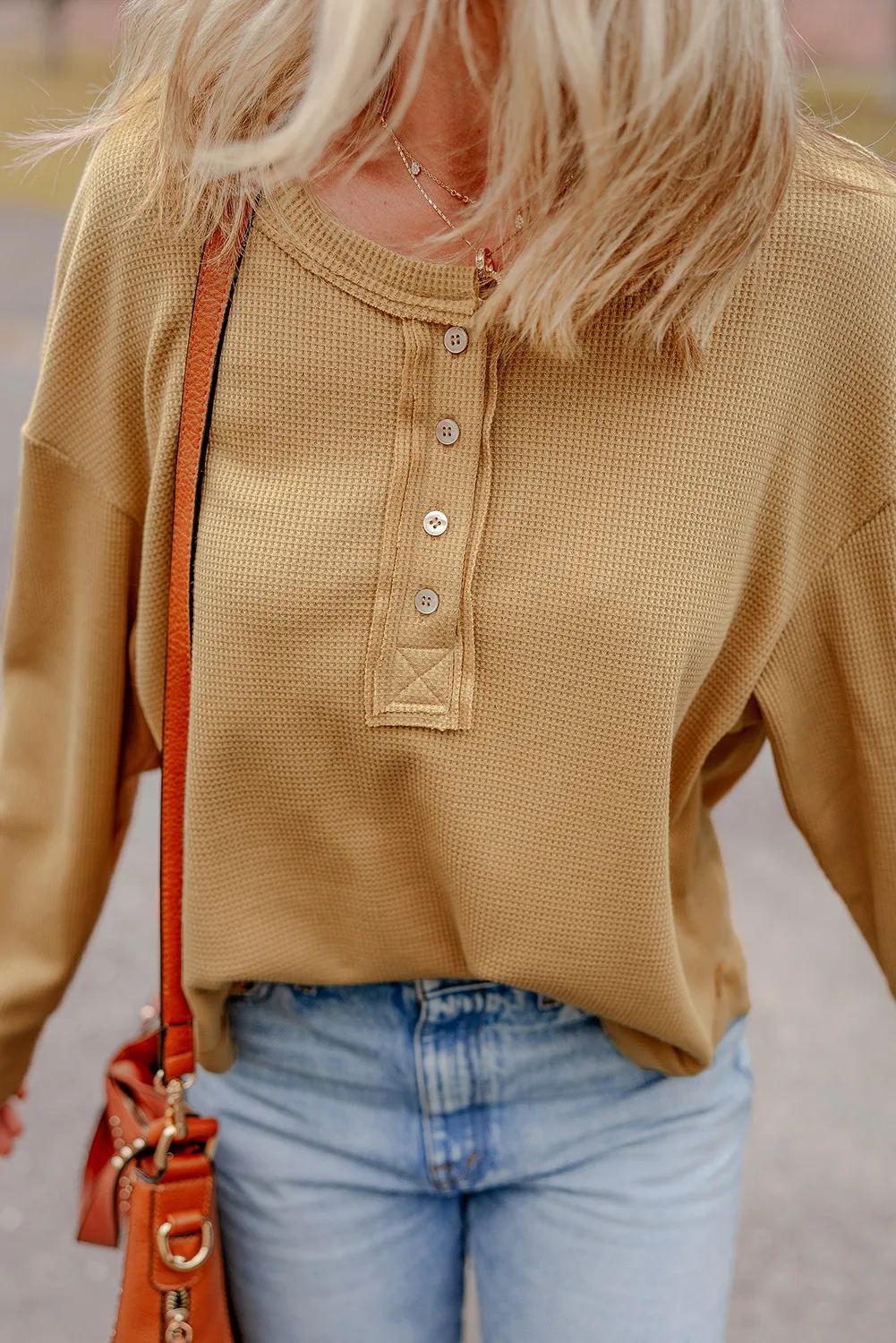 Jutta | Half button waffle knit crew neck top - Image 6