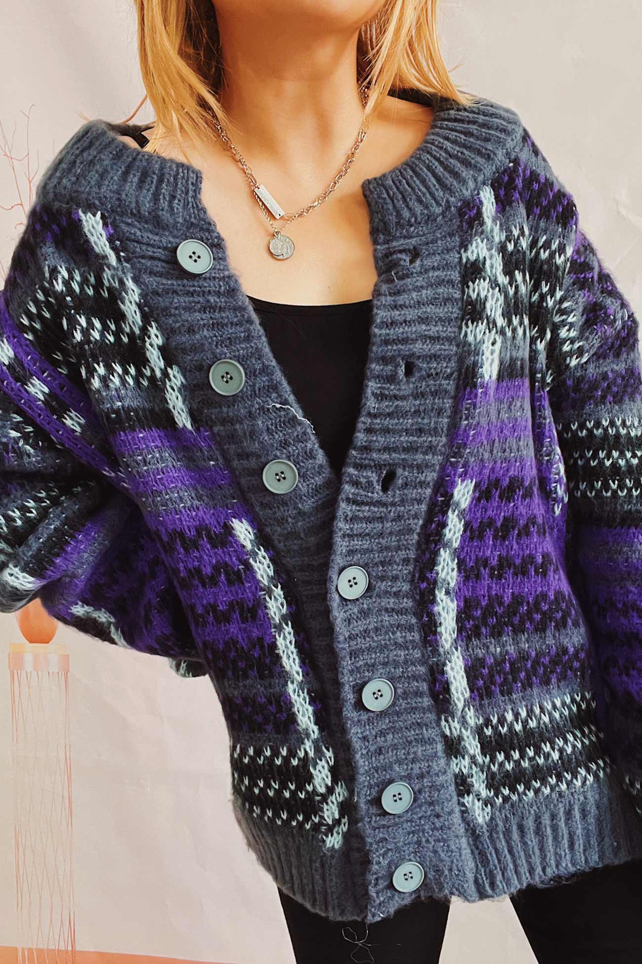 Karin | Vintage cardigan with contrast stripes - Image 3