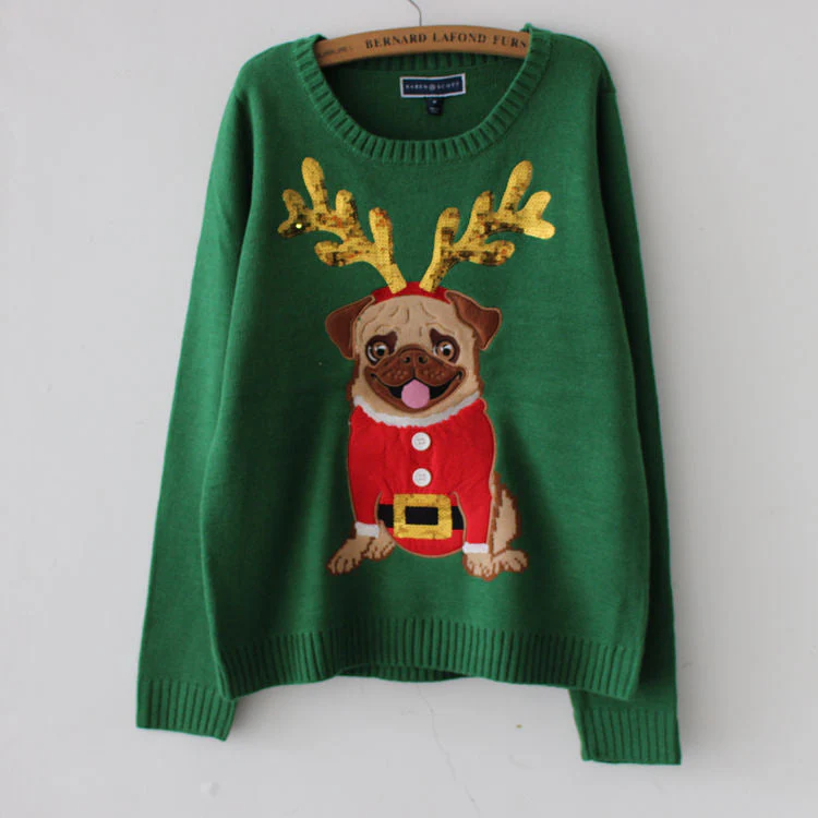 Karla | Warm Christmas Pug Dog Embroidered Sequin Knitted Sweater for Women