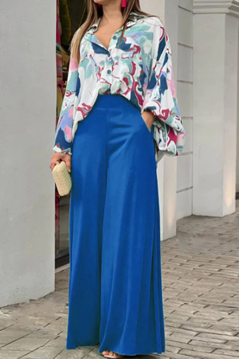 Karol | Fashion print patchwork turn-down collar long sleeve two-piece suit