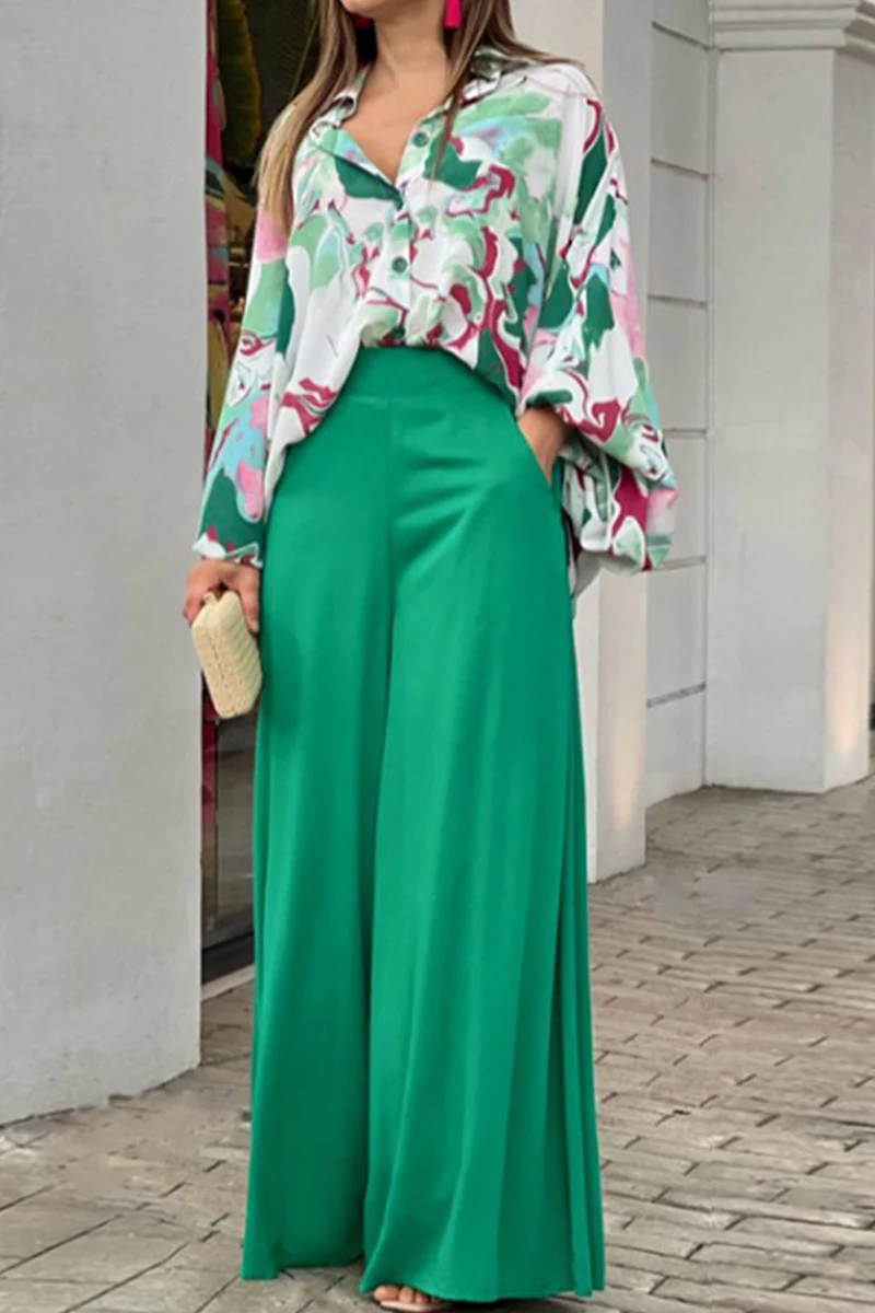 Karol | Fashion print patchwork turn-down collar long sleeve two-piece suit - Image 4