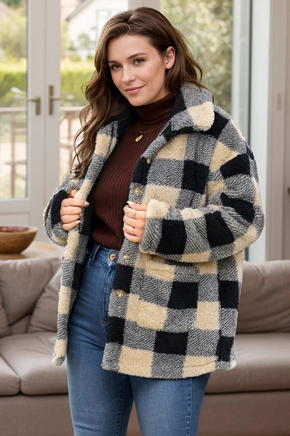 Karol | Oversized long sleeve plaid button down coat - Image 3