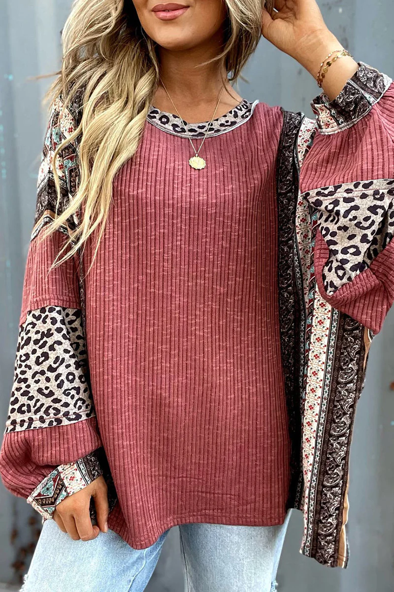 Karolina | Casual O-neck tops with stripes and leopard patchwork contrast - Image 3